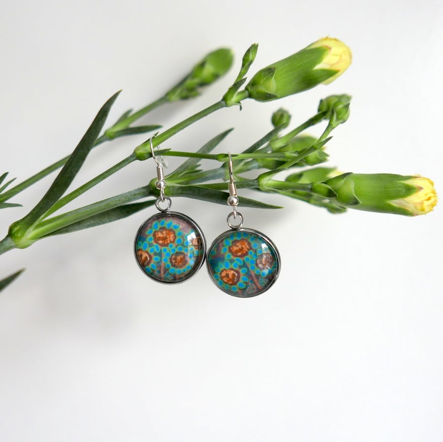 Turquoise Flowers Dangle Earrings, Art Jewellery, Floral Pattern Design 