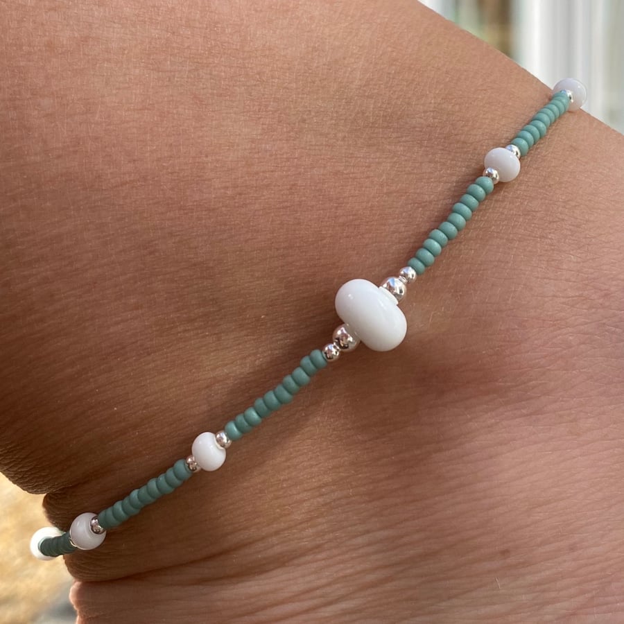 White & Sea Green Beaded Anklet. Sterling Silver. Extension Chain. 