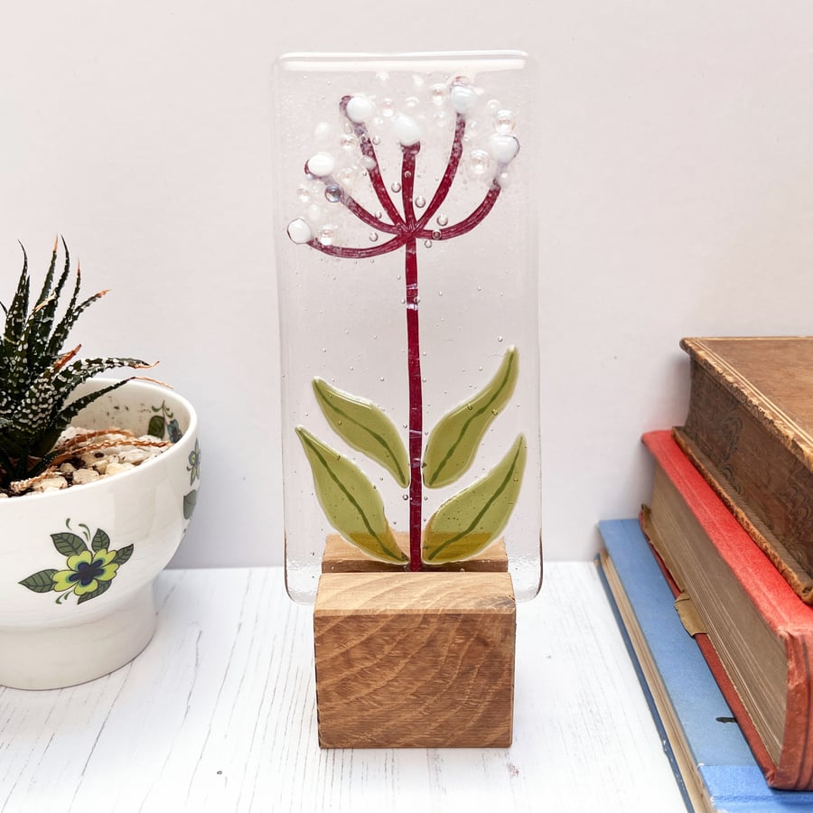 Perfectly Imperfect - Fused Glass Allium on Oak - Fused Glass Artwork