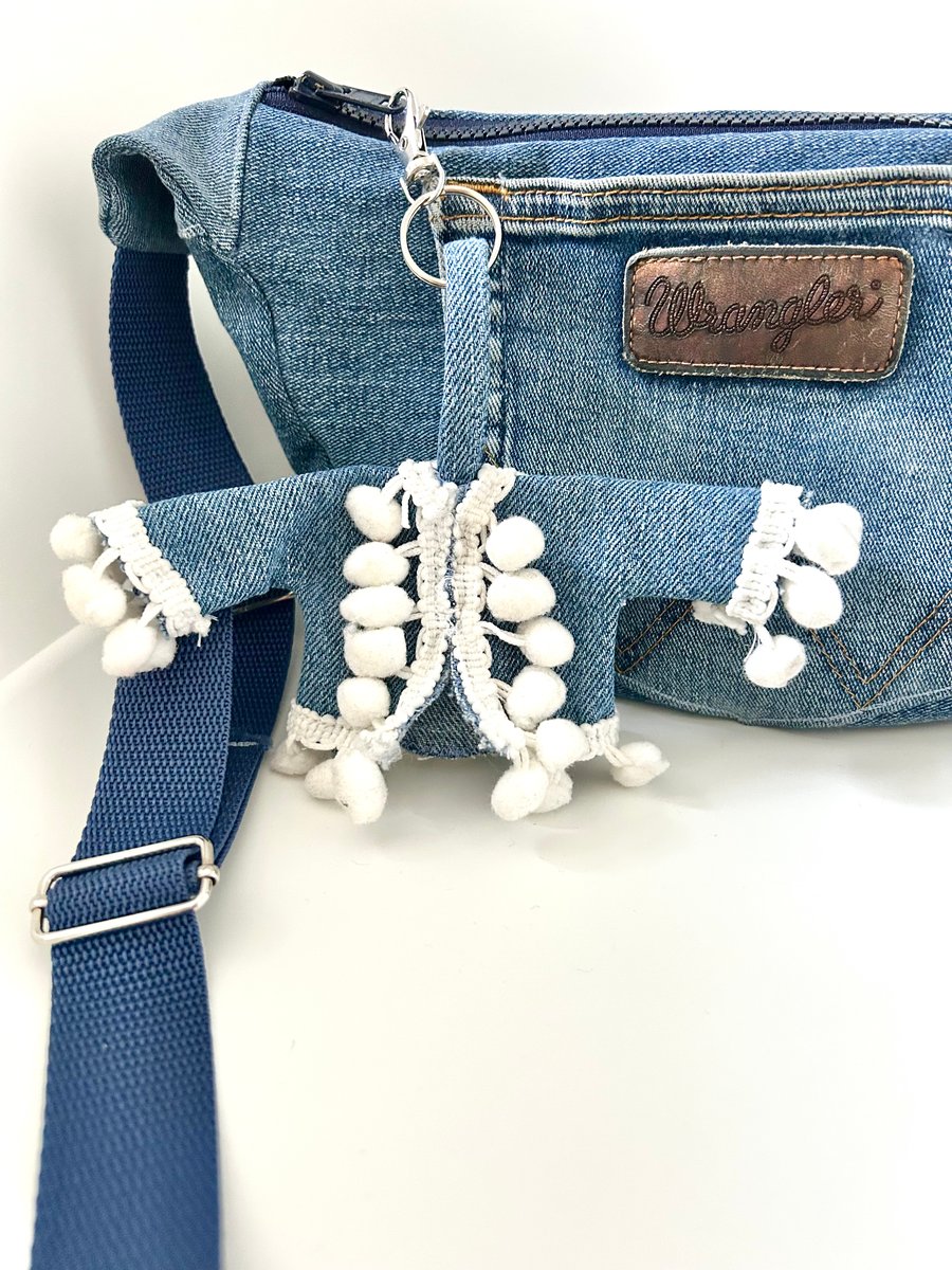 Mini denim jacket keyring with pompom trim 