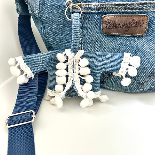 Mini denim jacket keyring with pompom trim 