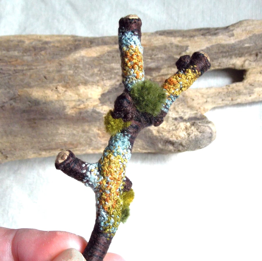 Handmade Twig Stick Pin, Hand Embroidered with Moss & Lichen, Nature Inspired 