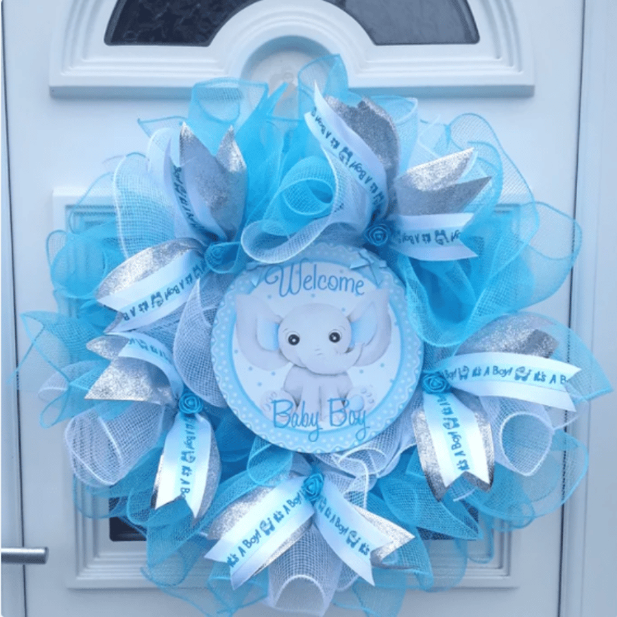 Handmade New Baby Boy Door Wreath,Nursery Wall Decor, Deco Mesh Baby Wreath