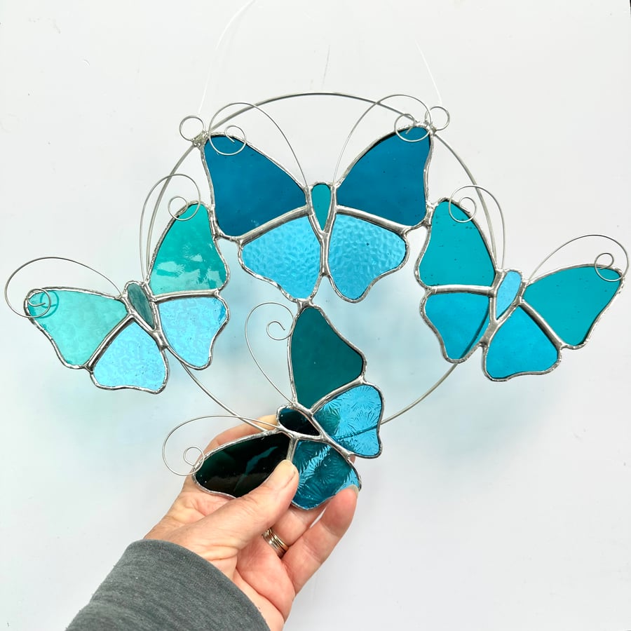 Stained Glass Butterfly Ring - Handmade Hanging Decoration - Turq and Teal