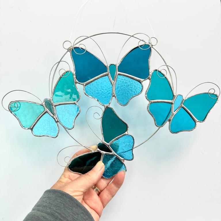 Stained Glass Butterfly Ring - Handmade Hanging Decoration - Turq and Teal
