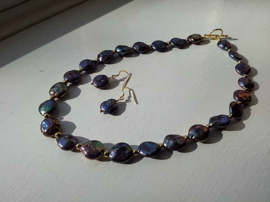 Multi-Coloured Cultured Pearl and Gold-Plated Bead Necklace and Earring Set