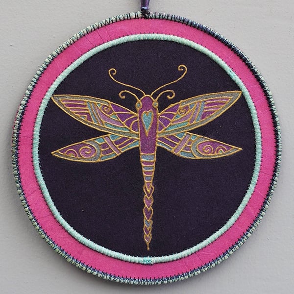DFPM04 - Dragonfly Mandala Wall Hanging - 17.5cm diameter - Plum-Pink-Gold