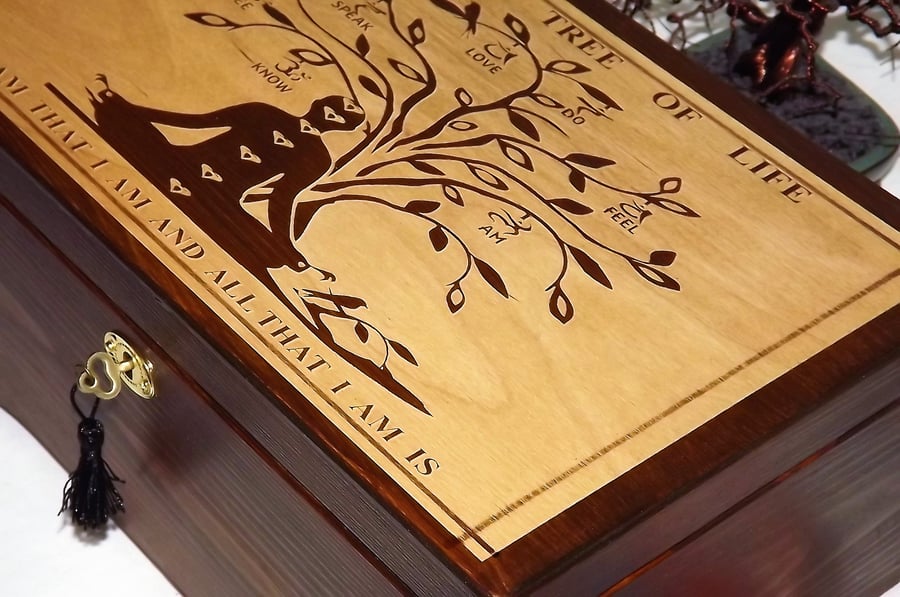 LOCKABLE Handmade Chakra Tree-Of-Life wooden box. Spiritual Wooden Storage Box.