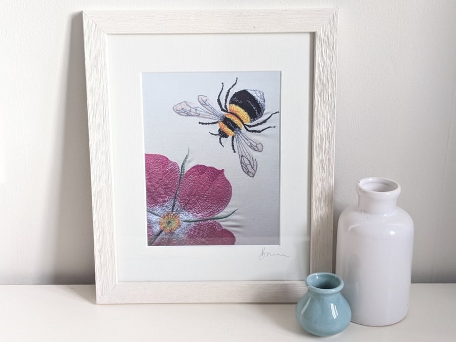 Bumble Bee and Rosa Glauca framed print, embroidered textile art