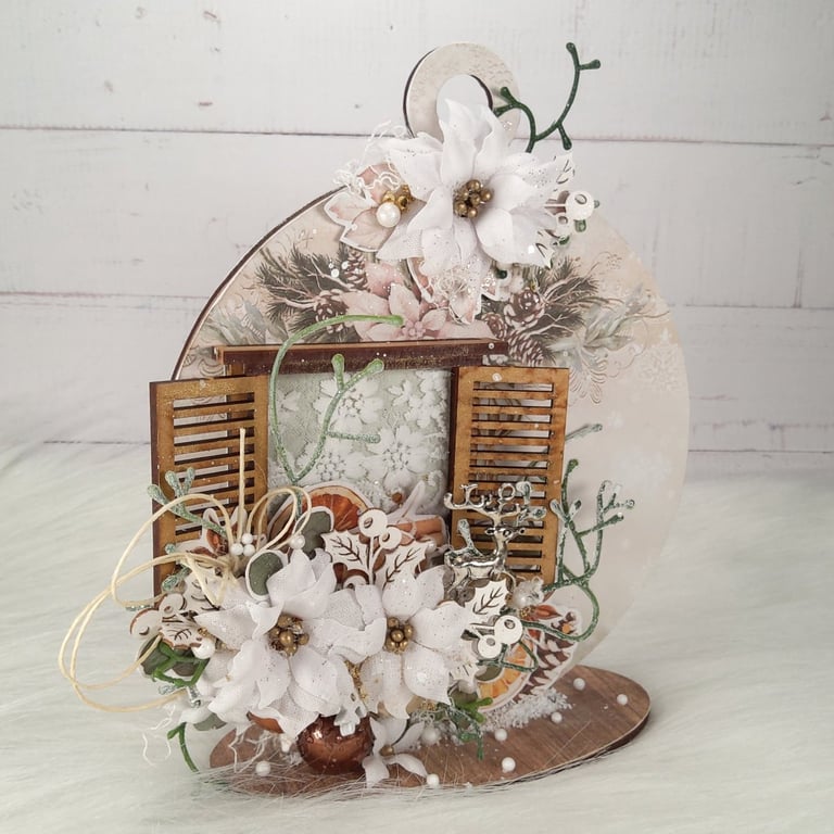 Handmade Christmas HDF Decoration. Winter Floral Standing Ornament.