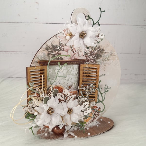 Handmade Christmas HDF Decoration. Winter Floral Standing Ornament.