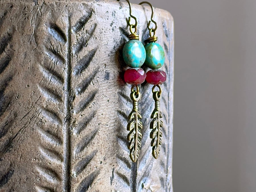 Bohemian Style Green & Pink Czech Glass Earrings. Rustic Feather Charm Earrings
