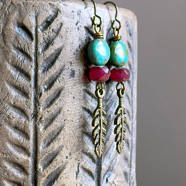 Bohemian Style Green & Pink Czech Glass Earrings. Rustic Feather Charm Earrings