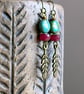 Rustic Feather Charm Earrings with Green & Pink Beads. Czech Glass Jewellery - Image 1