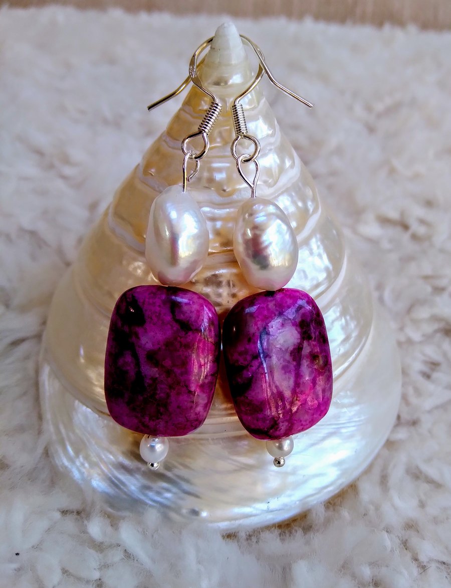 CRAZY LACE AGATE rectangular & Freshwater Pearl beaded 925 silver EARRINGS