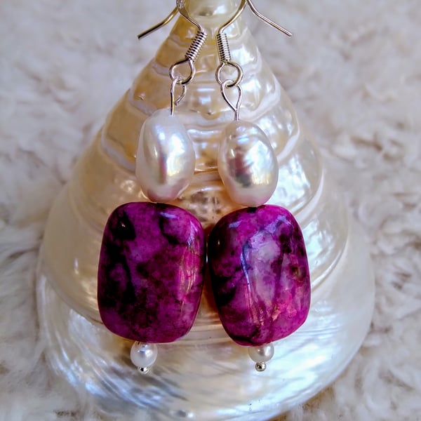 CRAZY LACE AGATE rectangular & Freshwater Pearl beaded 925 silver EARRINGS