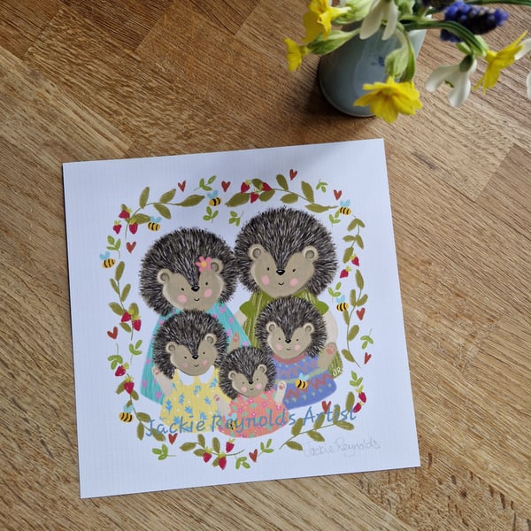 Hedgehog Family - 7 x 7" inch print by Jackie Reynolds 