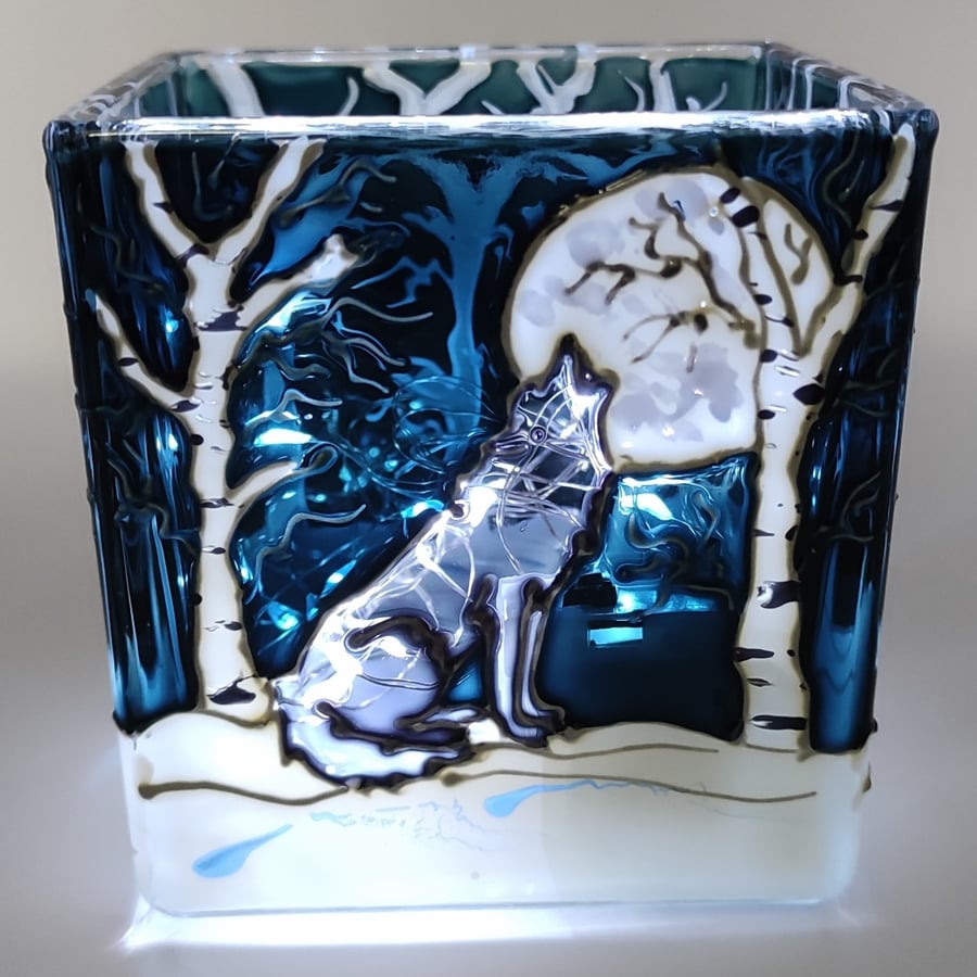 Candle holder, hand painted glass, wolf in snowy forest howling at the moon