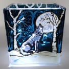 Candle holder, hand painted glass, wolf in snowy forest howling at the moon