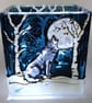 Candle holder, hand painted glass, wolf in snowy forest howling at the moon