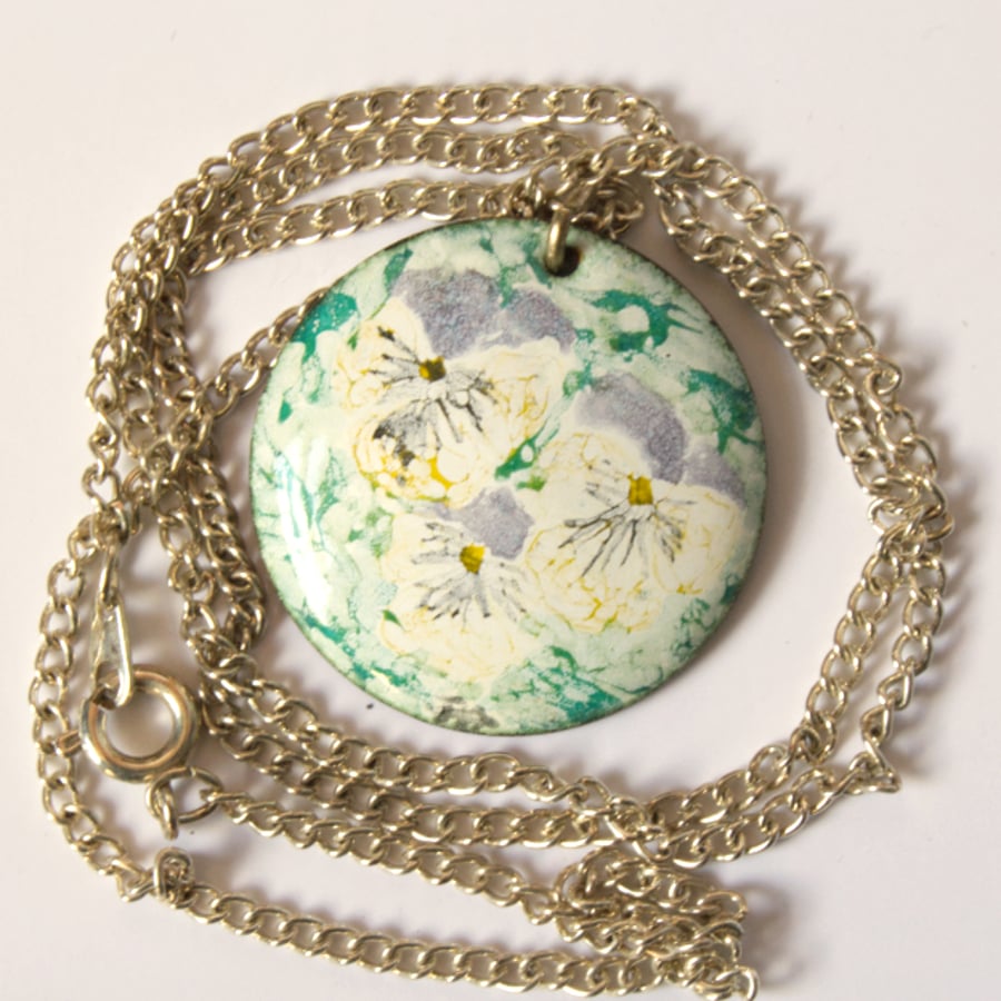 pansies - painted enamel pendant 