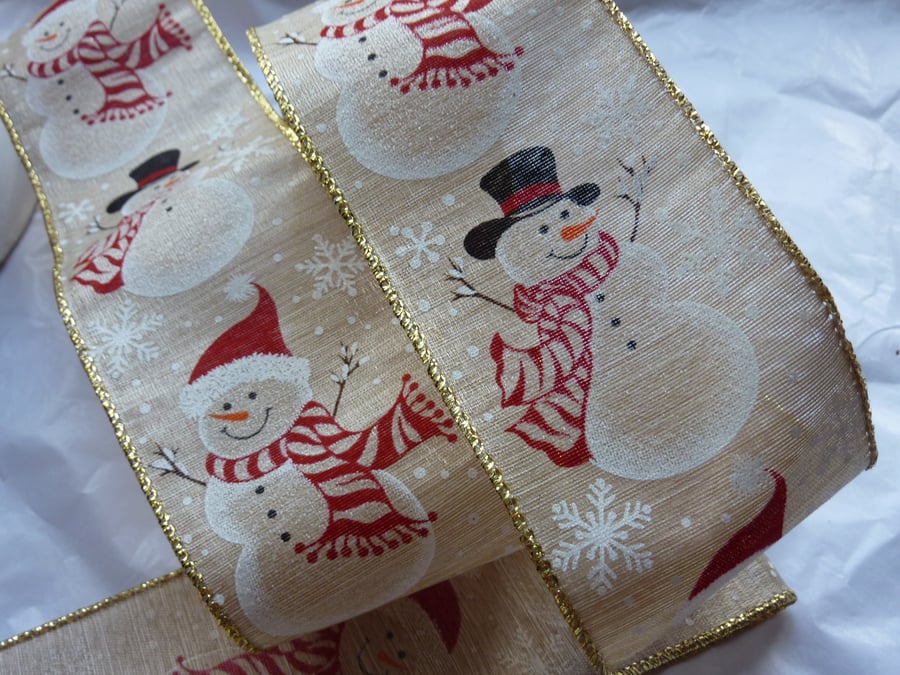 1 Metre Wire Edged Christmas Ribbon 63mm Jute  SnowMan