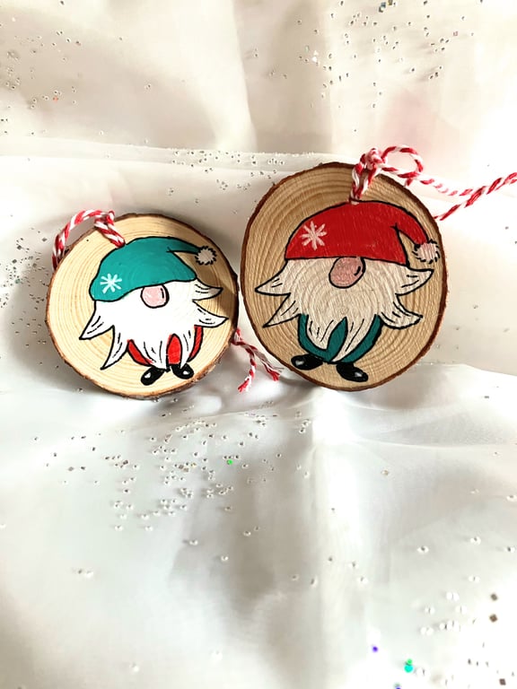 2 fun loving hand painted wooden gnomes
