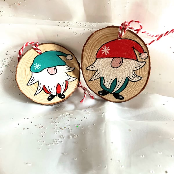 2 fun loving hand painted wooden gnomes