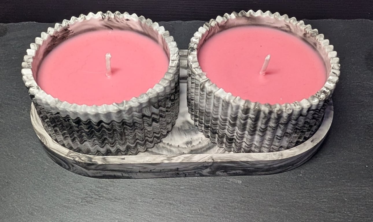 Black & White Eco-resin Tray and 2 Candle Jar Set
