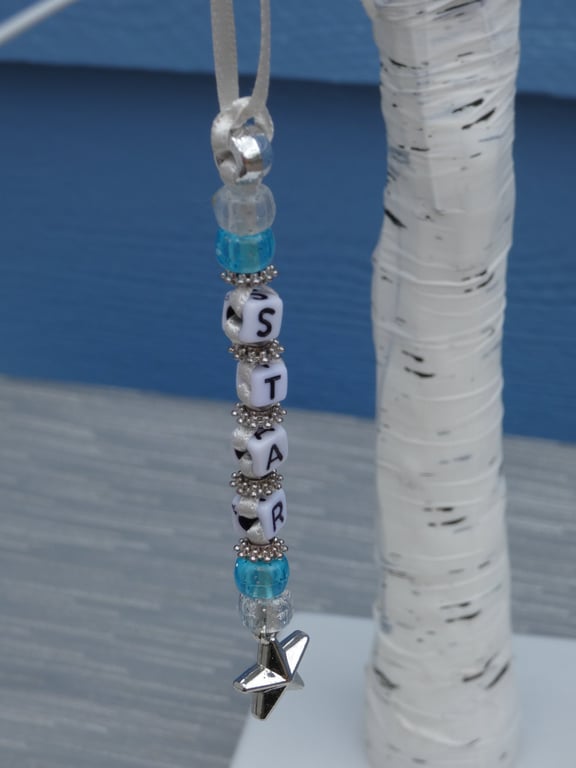 'Star' Christmas tree decoration, Star letter beads & charm, blue & silver