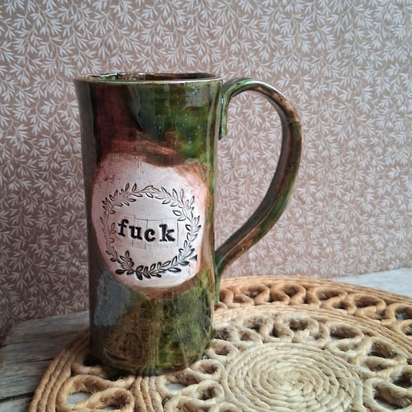 Skinny green Fuck Coffee mug Ceramic handmade ready to ship