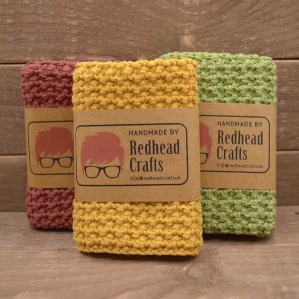 Set of 3 Crochet Washcloths, Eco Cotton Face Cloth Pack, Green, Mustard and Rust