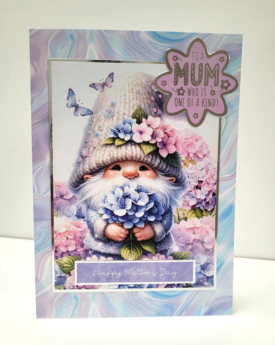 Cute Gnome Mother’s Day Card – Whimsical Floral Hydrangea Card for Mum