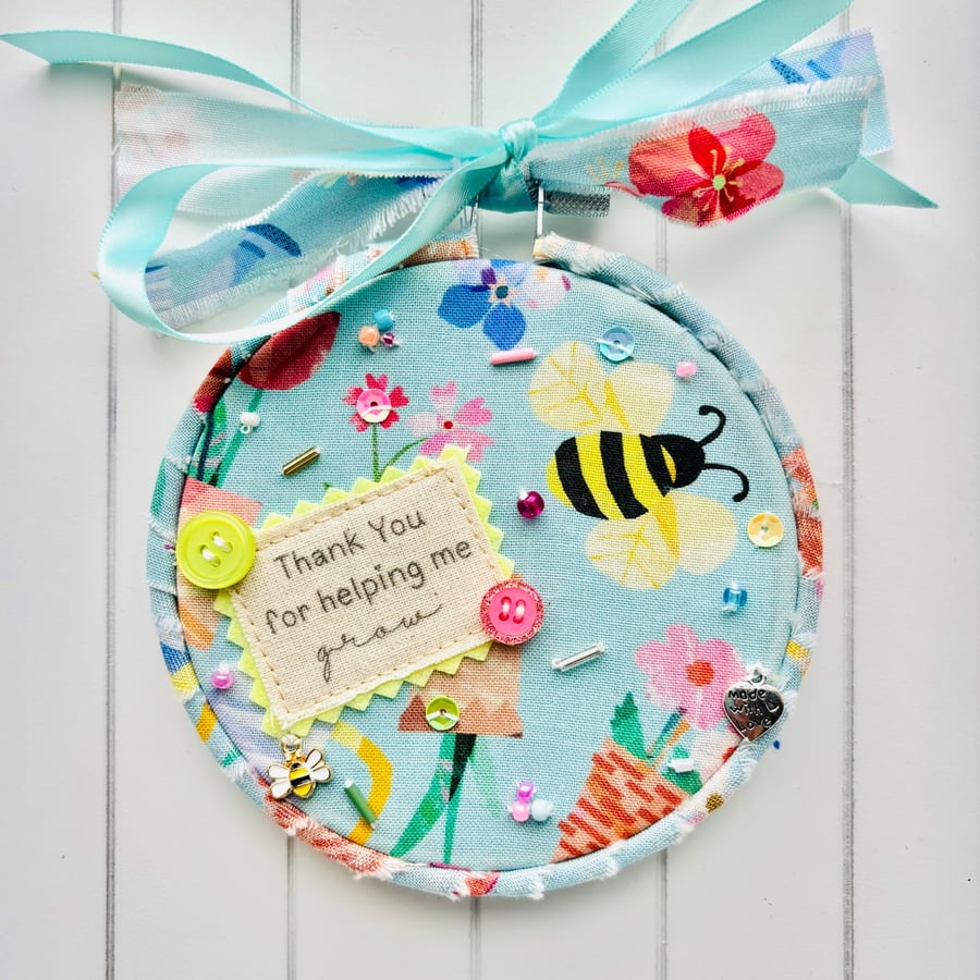 Personalised Teacher Gift Hoop, Bee Floral Keepsake, Thank You Teacher UK