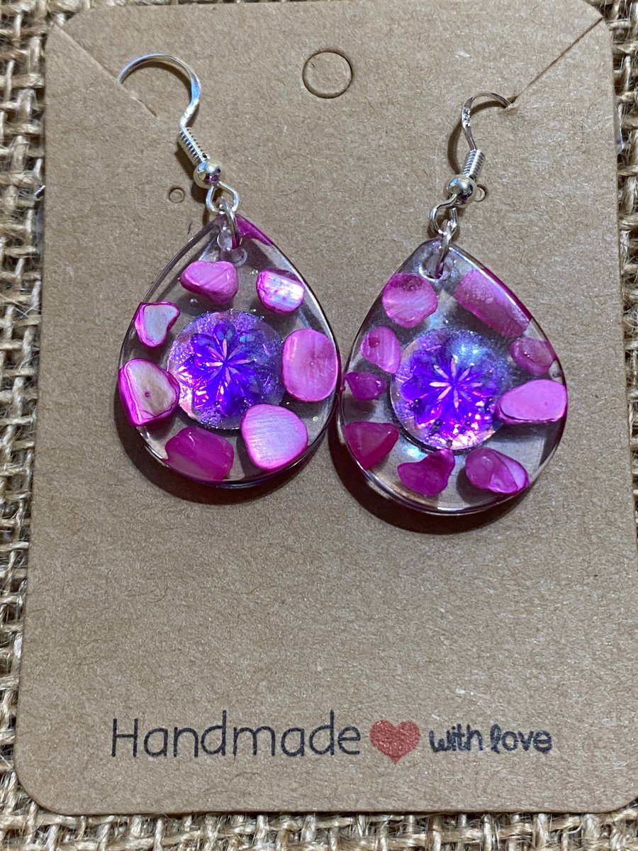 Small Handmade Teardrop Shaped Earrings With Purple Gem and Pink Shells