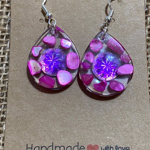 Small Handmade Teardrop Shaped Earrings With Purple Gem and Pink Shells