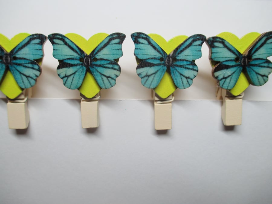 Butterfly on Love Heart Peg Clip Mini Peg Set of four lime green blue black