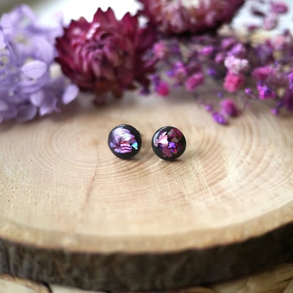Deep Pink and Purple Abalone Shell Stud Earrings cast in Black Resin