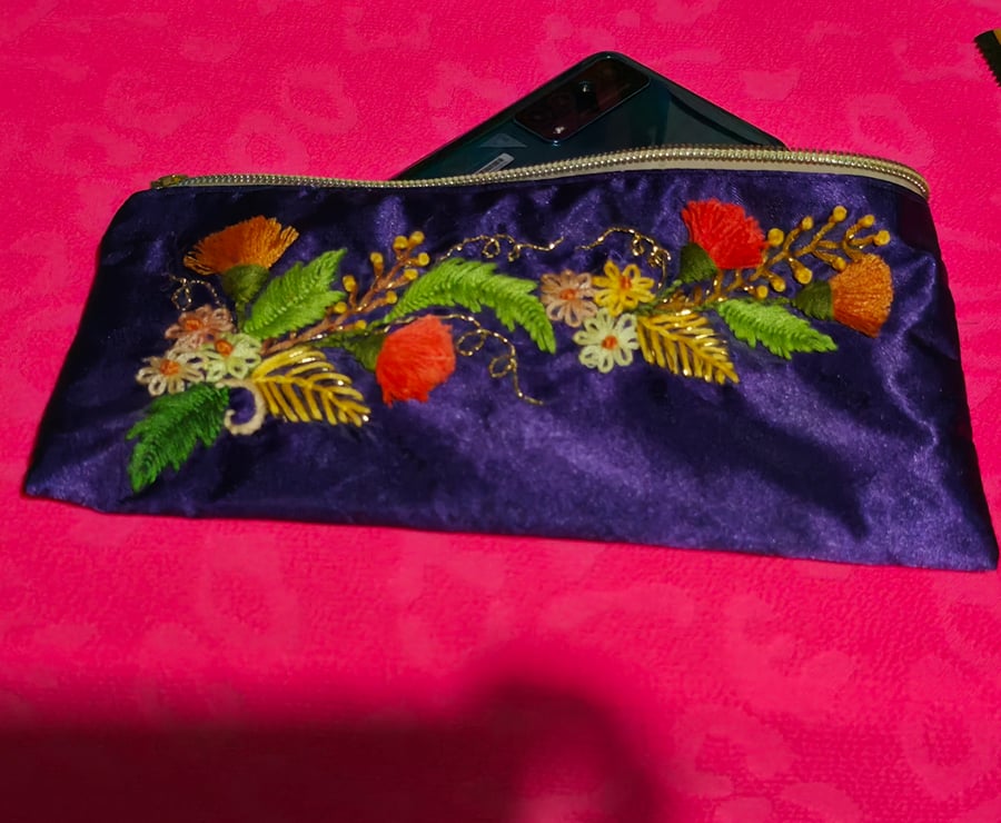 Unique Hand-embroidered Zipper Pouch – Small Handmade Cosmetic or Accessory Bag 