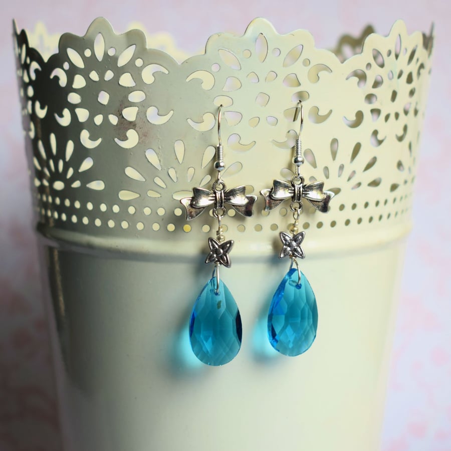 Blue Teardrop and Silver Bow Earrings, Vintage Style Jewellery