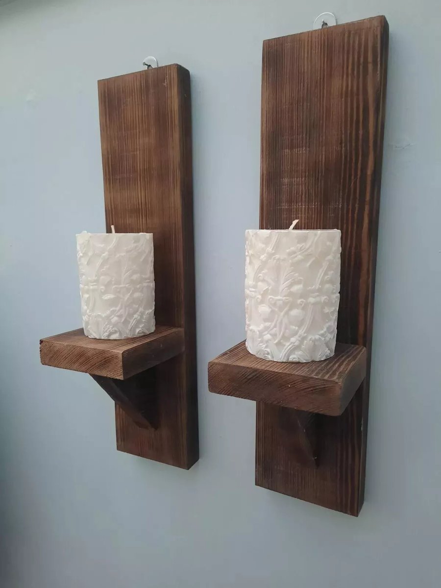 Pair of rustic wood wall hanging candle holder sconces