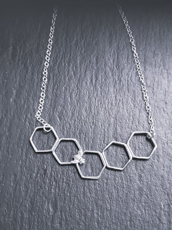 Sterling Silver Honeycomb Necklace with Bee 