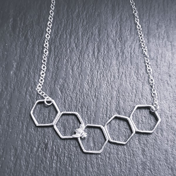 Sterling Silver Honeycomb Necklace with Bee 