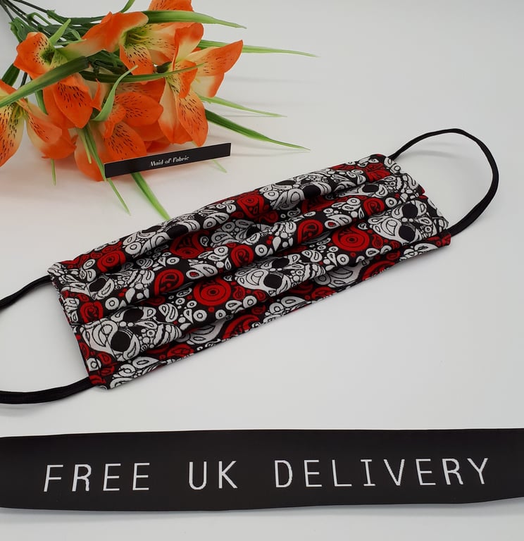 Face mask, large, 3 layer,  machine washable in skulls fabric 