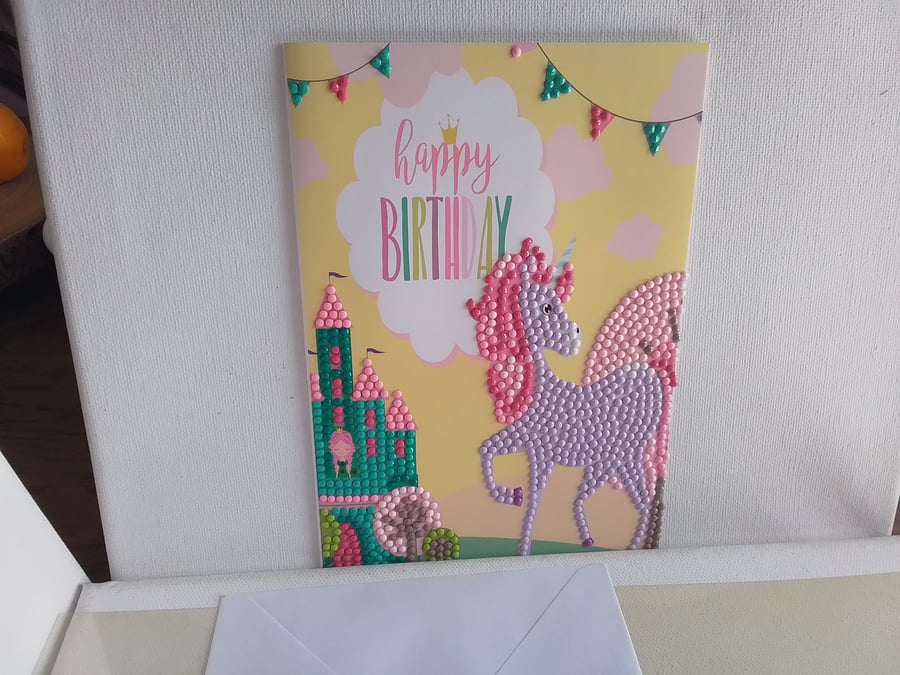 Birthday card. Unicorn Birthday card. Bead art. Ref 115