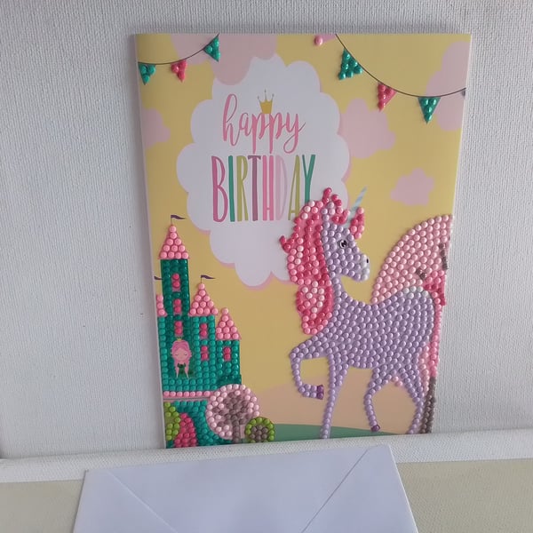 Birthday card. Unicorn Birthday card. Bead art. Ref 115