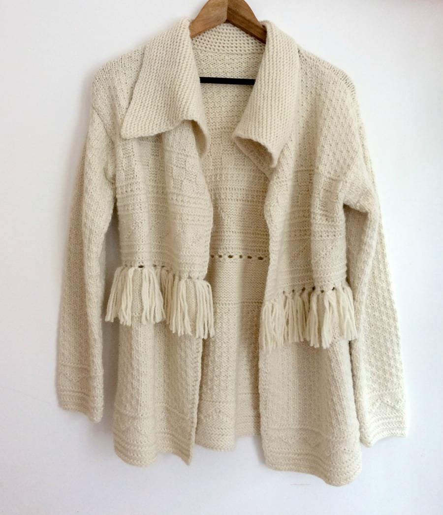 Hand Knitted Chunky Wool Alpaca Jacket Cardigan with Textured Patterns Fringing