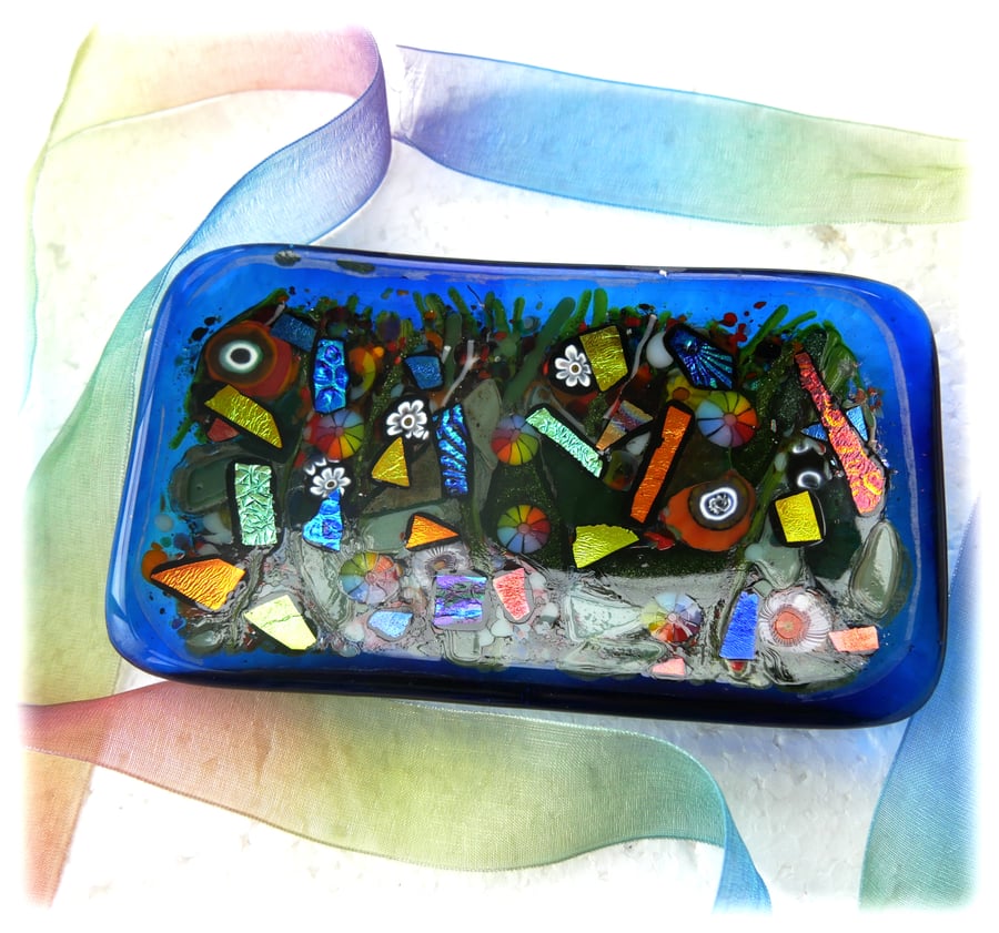 Fused Glass Dish Soap Trinket Snack Blue Dichroic Colourful Decoration
