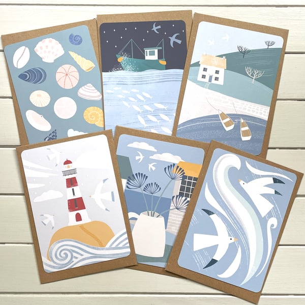 Set of 12 Coastal Illustrated Postcards