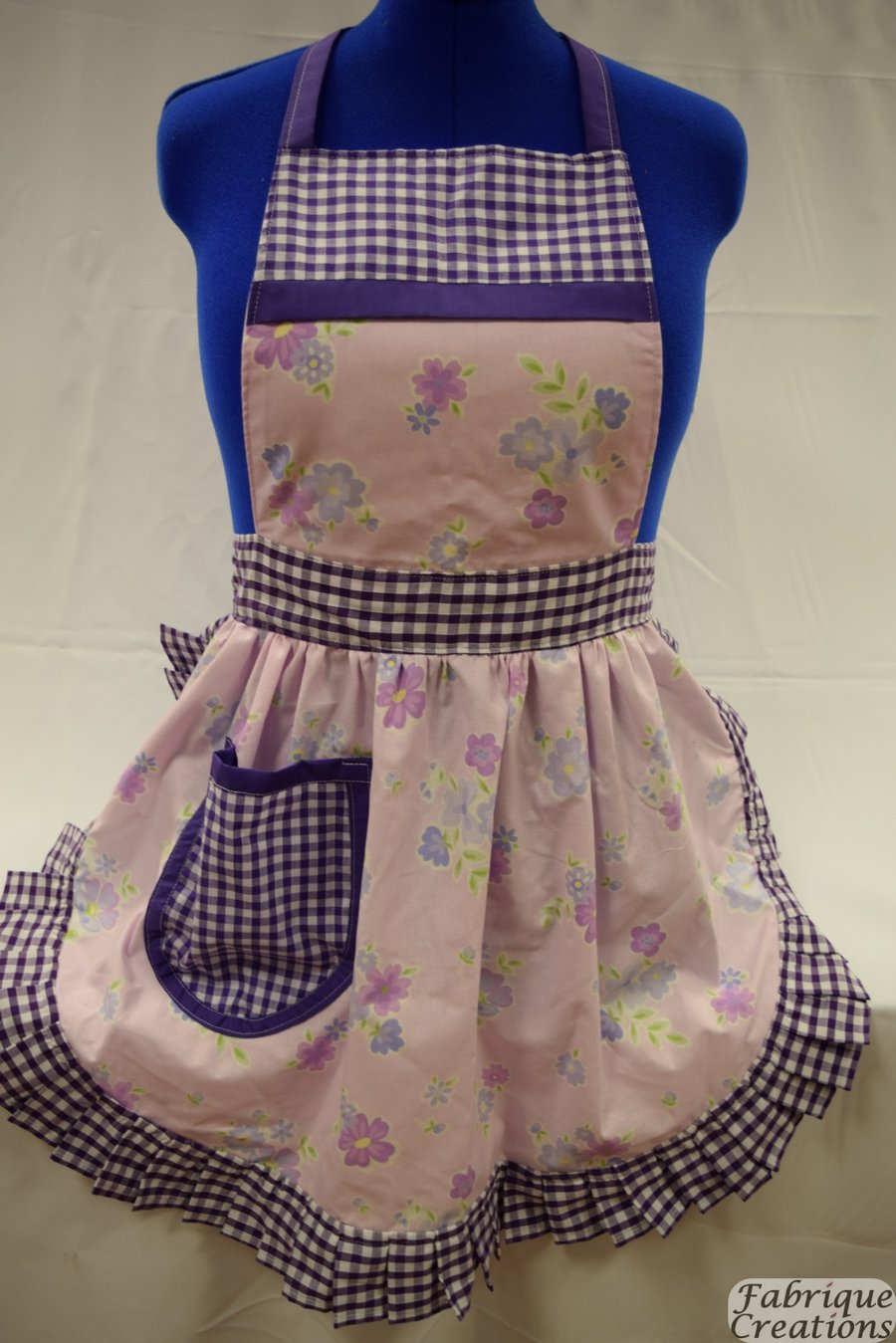 Vintage 50s Style Full Apron Pinny - Lilac Flowers with Purple Gingham Trim